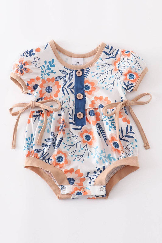 Blue & beige floral ruffle baby romper